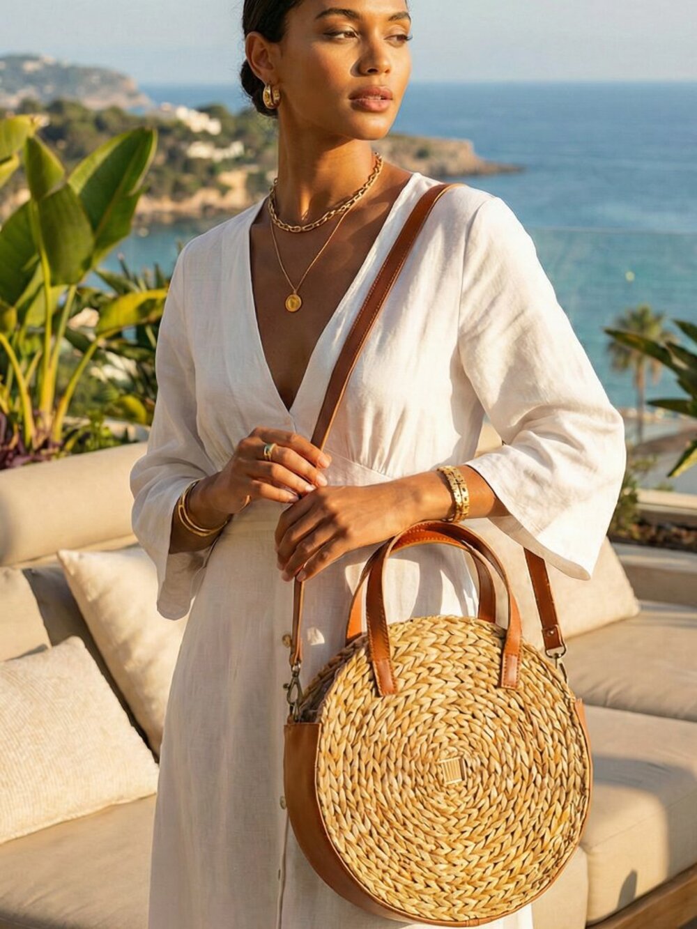Boutique Woven Canteen Crossbody Bag Round Straw Cognac Trim Resort Chic NWOT
